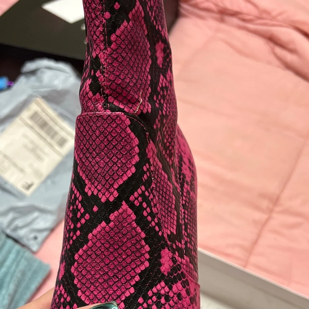 Wild Pair Fuchsia Snake Print Boots with Clear Heels. - Picture 6 of 9
